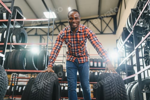 Preview: African american Man chooses winter car tires in the auto shop