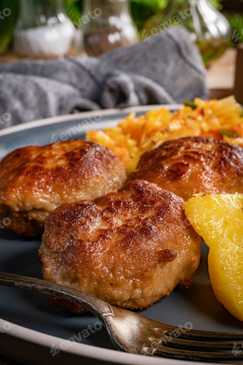 Preview: Meatballs served with fired potatoes.