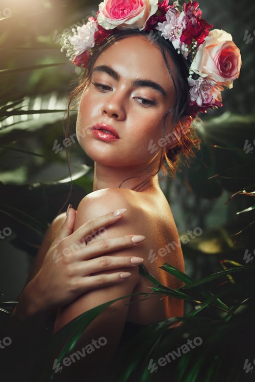 Preview: Woman, beauty and flower headband in forest for cosmetic skincare treatment. Young nude model, heal