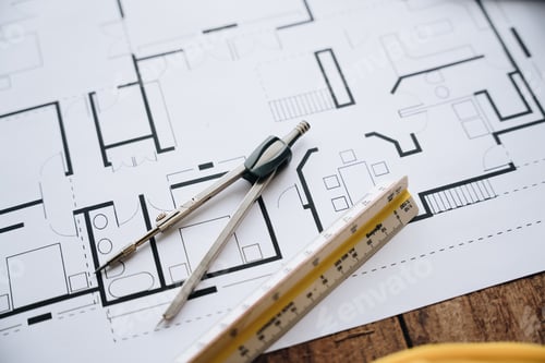 Preview: house model,blueprint,pencil and ruler on clean white background