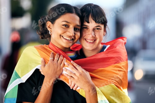 Preview: Women, lgbtq and portrait with pride flag for love, equality and support in city. Gay, lesbian and