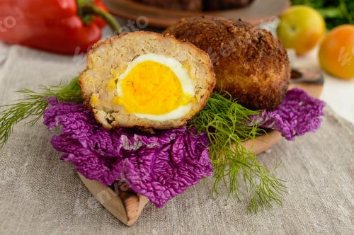 Preview: Meat mini-rolls (cutlet) with boiled egg. Close up