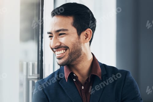 Preview: Looking out window, vision and laughing person happy for startup company, entrepreneurship or corpo
