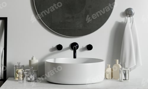 Preview: Minimalist bathroom setup with white sink and round mirror, 3D render illustration.