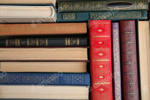 Preview: Stack of hardcover books as background, top view