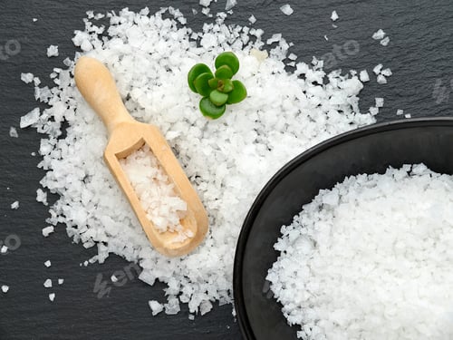 Preview: Flat lay of celtic salt, scoop, and bowl.