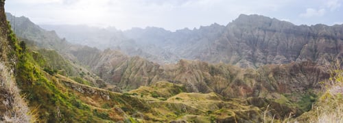 Preview: Looking point down over a vertiginous ridge. Rocky banks covered in ferns, mosses and agave bushes