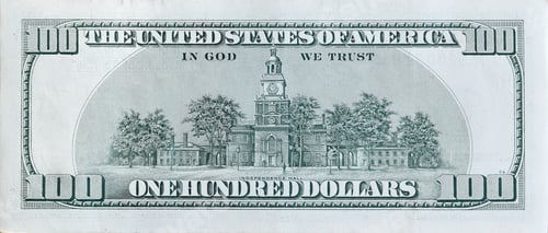 Preview: Independence Hall on 100 dollars banknote back side closeup macro fragment