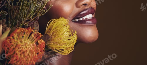Preview: Beauty, makeup and plants with lips of black woman in studio for natural, spa and mockup space. Cos