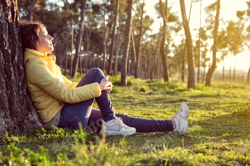 Preview: young girl sitting on the ground leaning against a pine tree illuminated with the evening sun