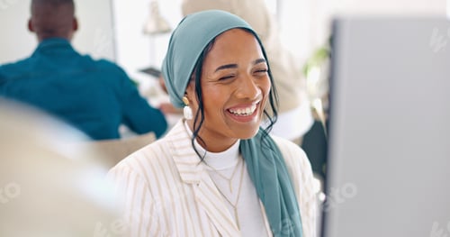 Preview: Video call, computer and laughing Islamic woman talking, speaking and chat to online business conta
