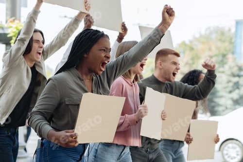 Preview: Side view of furious multiethnic protestors with empty placards