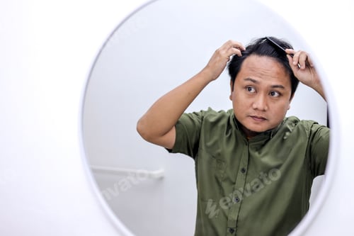 Preview: Asian Man In Green Shirt Looking In Round Mirror And Using Comb To Fix Hair In The Morning