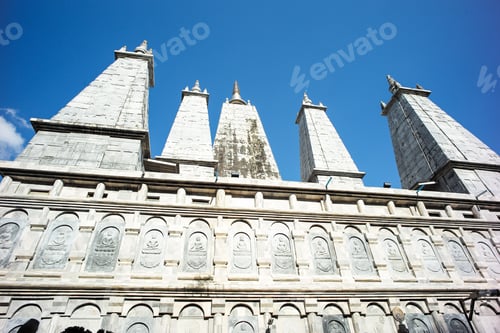 Preview: High angle view of ancient structure with blue sky background. Old Buddhism temple.