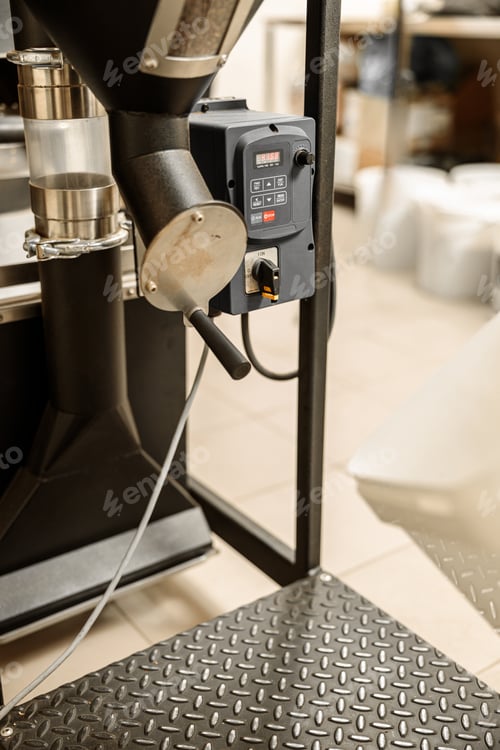 Preview: Coffee processing. Roastery, roasting machine and fresh beans