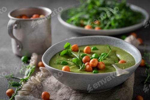 Preview: Homemade pea soup with sprouts and peas puff.