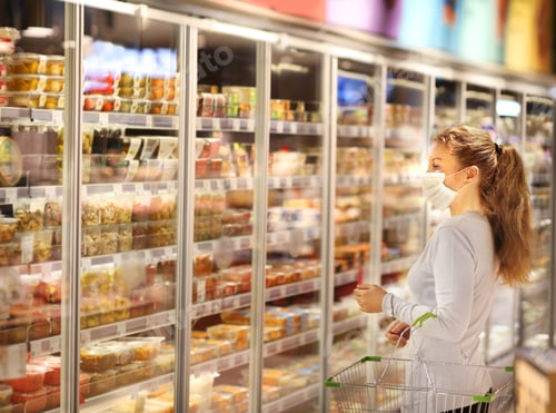Preview: Woman Choosing Frozen Food From A Supermarket Freeze.Supermarket Shopping, Face Mask And Gloves,