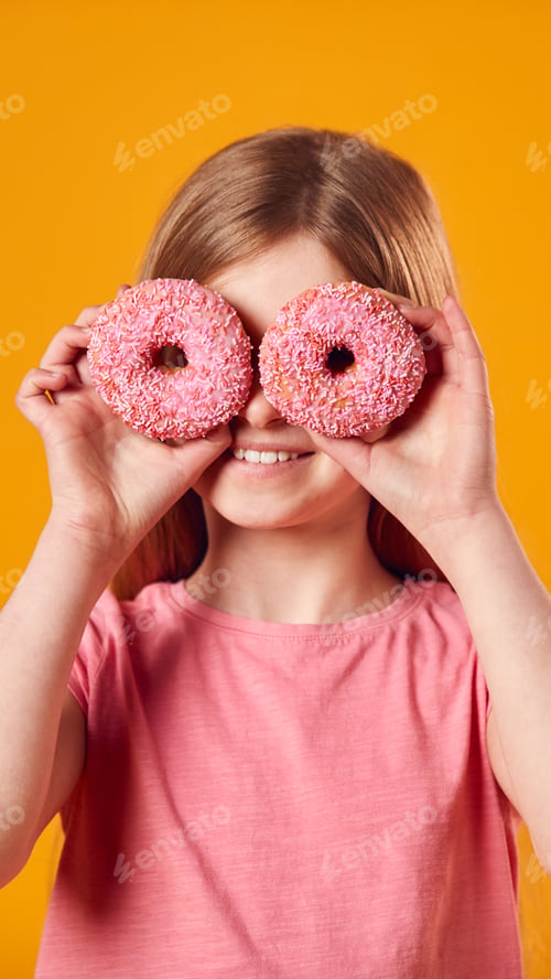 Preview: Studio Portrait Of Girl Holding Two Donuts In Front Of Eyes Against Yellow Background