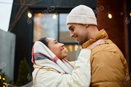 Preview: Cozy winter romance near Christmas lights, embracing love and warmth