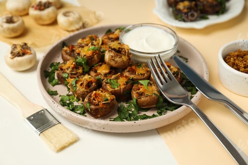 Preview: Stuffed mushrooms on plates, sauces and cutlery on light background, close up