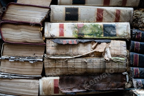 Preview: Stack of old weathered books with torn covers