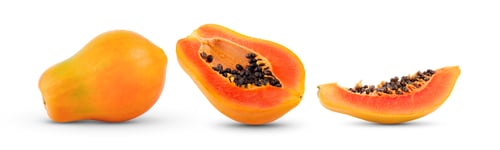 Preview: ripe papaya fruit with seeds isolated on white background. full depth of field