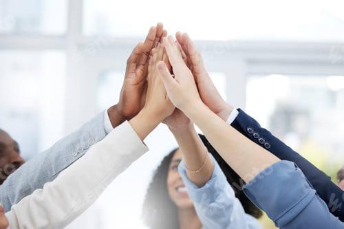 Preview: Success, high five and teamwork with hands of business people for community, diversity and support.