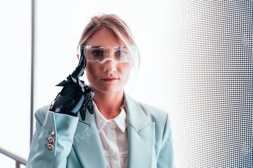 Preview: business woman with cyborg bionic arm and augmented reality visor.