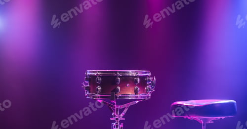 Preview: Drums and drum set. Beautiful blue and red background, with rays of light.