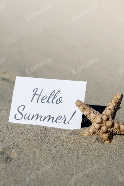 Preview: HELLO SUMMER text on paper greeting card on background of starfish seashell summer vacation decor