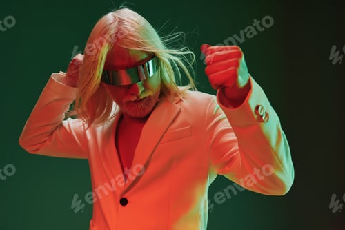 Preview: futuristic man in a white suit with sunglasses, dancing against a green and red background
