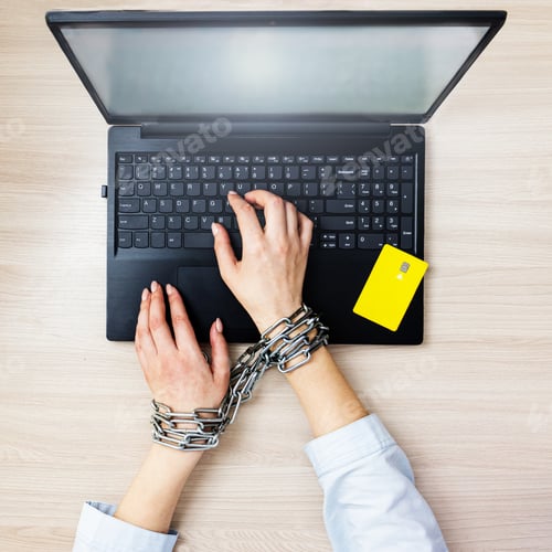 Preview: the concept of online shopping addiction.shopaholic. A woman with a metal chain