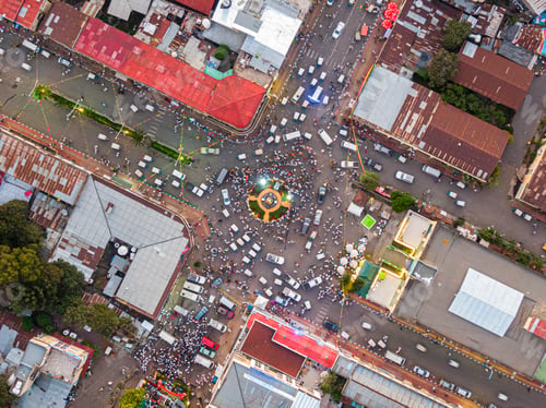 Preview: Aerial view of the city centre of Gondar with a lot of car and pedestrian traffic, Ethiopia, Africa