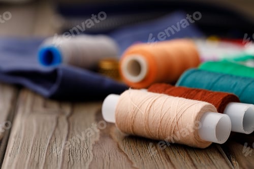 Preview: Close up of colored thread coils, thread spools background