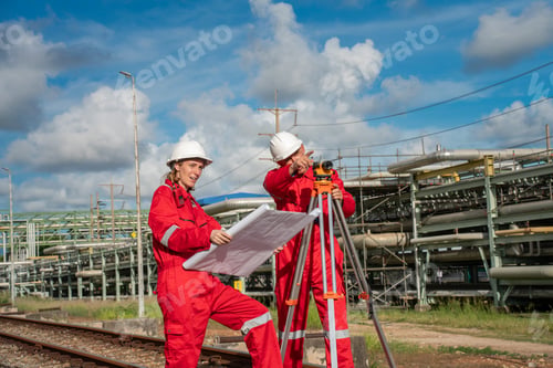 Preview: Team survey construction engineer with safety jacket use level survey camera. Engineer peer