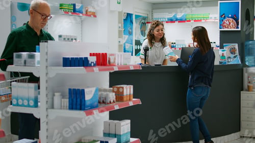 Preview: Female pharmacist explaining healthcare products to asian client