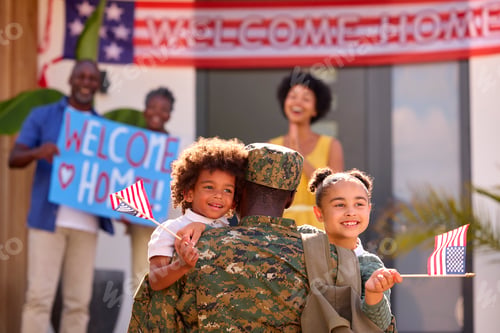 Preview: Multi-Generation Family Welcoming Army Father Home On Leave With Banner