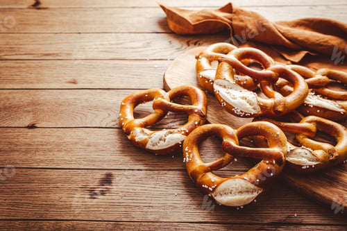 Preview: Fresh baked homemade German pretzel with sea salt on wooden table