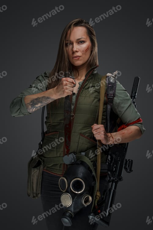 Preview: Determined female killer with huge knife and rifle