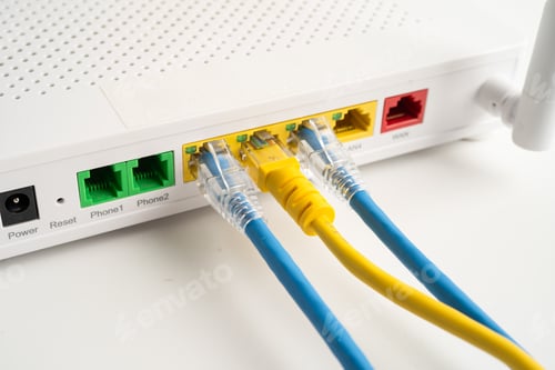 Preview: Ethernet cable with wireless router connect to internet service provider internet network.