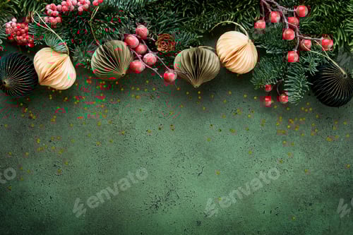 Preview: Christmas composition. Christmas fir tree branches with pine cones and papers rustic balls on old gr