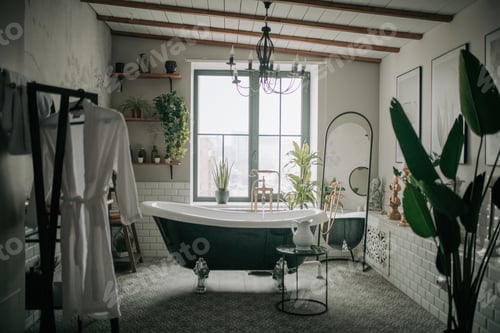Preview: Luxury interior of eco style modern bathroom with oval bathtub and accessories at natural lighting