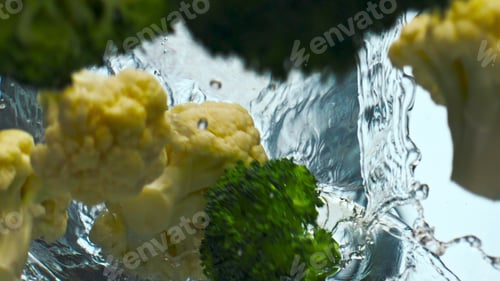 Preview: Broccoli cauliflower splashing water close up. Vitamin cabbage falling in liquid