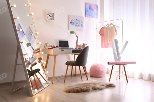Preview: Large mirror with light bulbs in stylish room interior