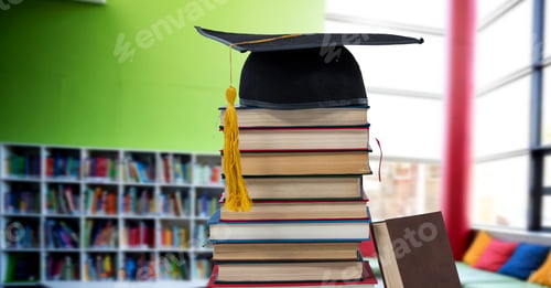 Preview: Books and graduation hat in education library