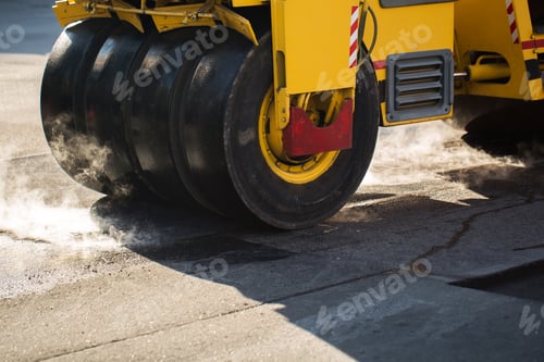 Preview: Road repairs. A road roller compacting asphalt