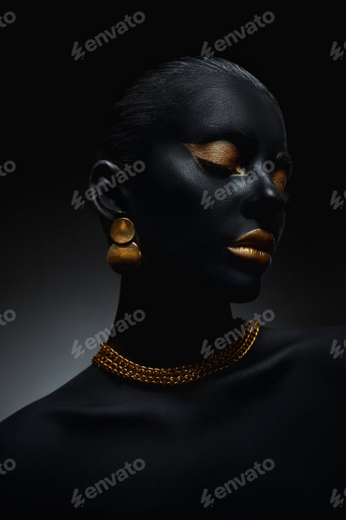 Preview: Beauty gold makeup lips eyelids woman black skin color body art, gold jewelry chain fingertips nails