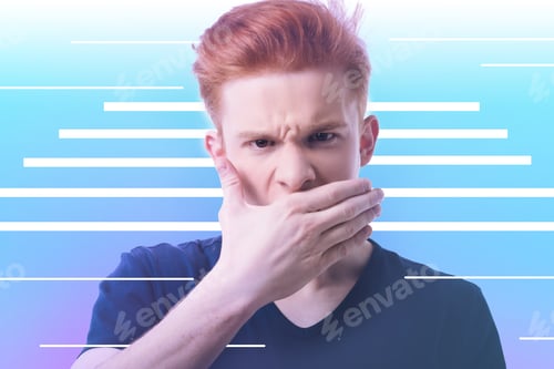 Preview: Shut Up. Stressed Aggressive Guy Looking At Camera And Covering Moth