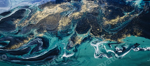 Preview: Art wall painting blue and green neutral toned and golden splashes.