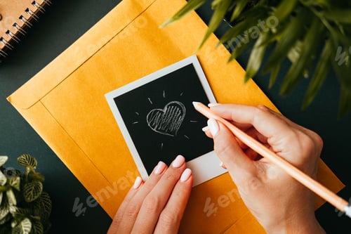 Preview: Top view flat lay female hand drew a heart